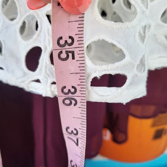 Women's White Sheer Eyelet Long Sleeves Puff‎ Shoulder Flounce Hem Mini Dress L - Picture 8 of 8